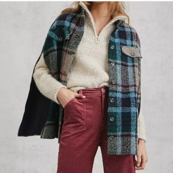 Anthropologie Davis Plaid Capelet One Size Andersen & Lauth Wool Blend Side Zip - Picture 1 of 12